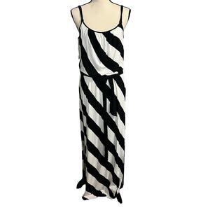 White House Black Market Women's Black White Stripe Jersey Knit Maxi Dress Sz M